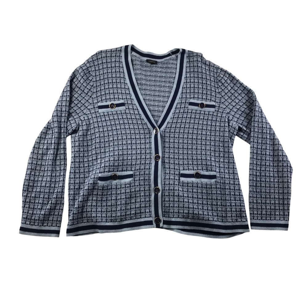 Talbots Blue Tweed Knit Button Front Cardigan Sweater Pockets XL
